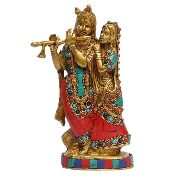 Radha Krishna Brass Statue with Multicolor Gemstone