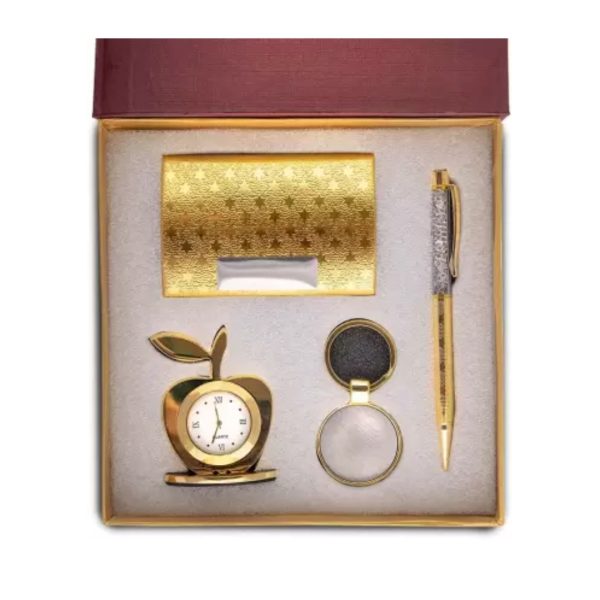 Gift Set with Apple Clock, Crystal Pen, Business Card Holder