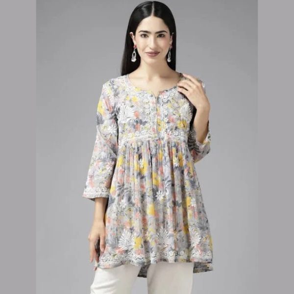 Grey And Yellow Sleeves Chikankari Kurti