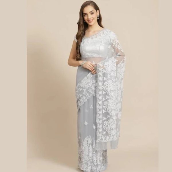 Grey And White Chikankari Embroidered Saree