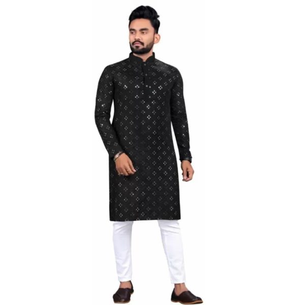 Men Chikan Rayon A-line Kurta Black