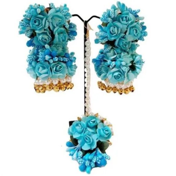 Fabric Wedding Artifical Flower Earing And Mang Tika Set