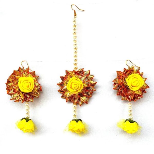 Yellow Flower Gota Patti Earrings And Mang Tika